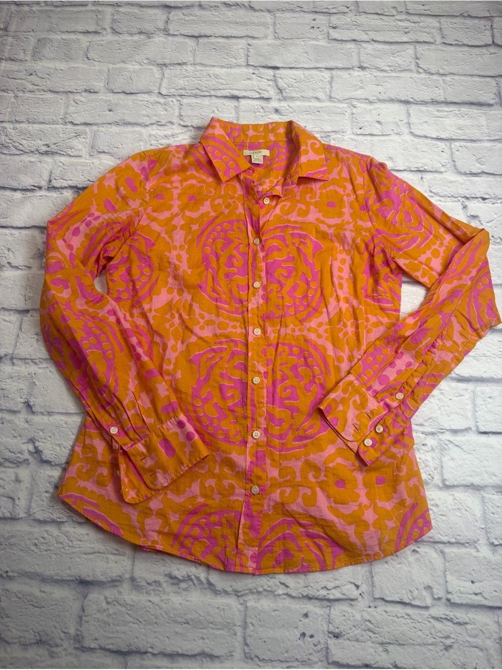 J. Crew Orange and Pink Printed Button-Up Shirt. Size 4.